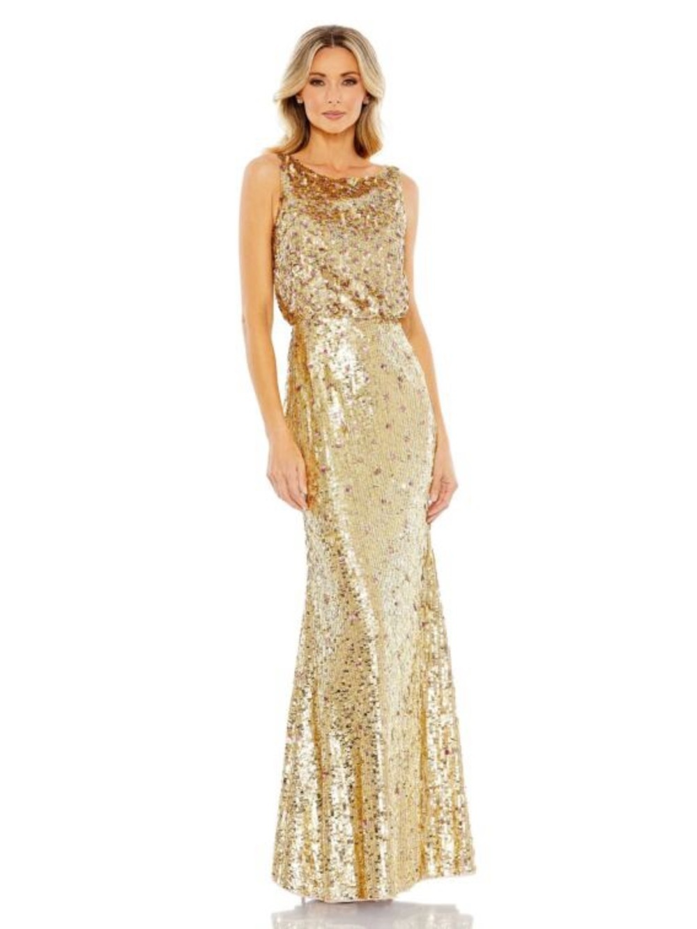 Mac Duggal 93645 Gold Sequined Sleeveless High Neck Gown Size 10 NWT